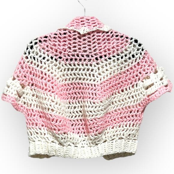 Handmade OOAK Grandma Crocheted Striped Short Sleeve Cardigan Small pink white - Picture 2 of 7